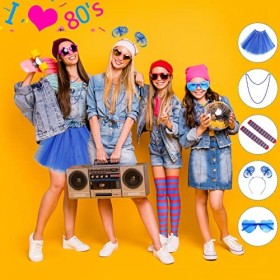 Deguisement Femme Année 80, Costume des Années 80 Contient Bandeau/Lunettes/Jupe/Chaussette/Collier, Accessoire déguisement A