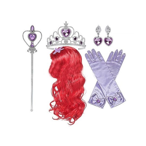 ANROI Perruque de sirène rouge pour Halloween et cosplay - Accessoires de fête de princesse avec diadème, baguette magique, g