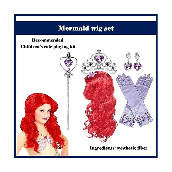 ANROI Perruque de sirène rouge pour Halloween et cosplay - Accessoires de fête de princesse avec diadème, baguette magique, g