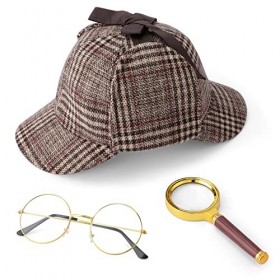 HIFOT 3 Pcs Déguisement Detective Accessoire Ensemble Détective, Casquette Deerstalker Verres à Monture Dorée Loupe à Manche 