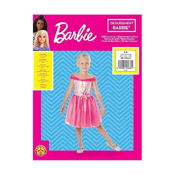 RUBIES - Barbie Officiel - Déguisement Entrée de Gamme Barbie pour Enfants - Taille 5-6 ans - Costume avec Robe Tutu Type Bal