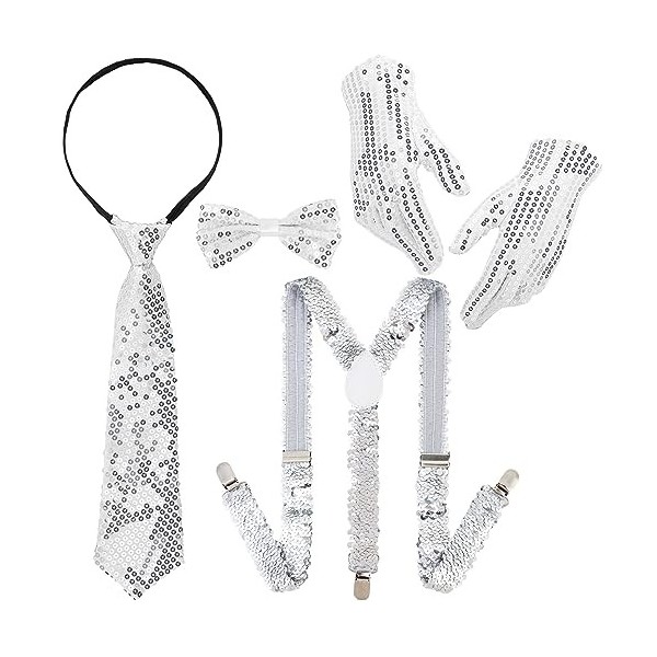 DPKOW 5pcs pièces Deguisement de Paillettes Brillantes Bretelles Noeud Papillon Gant Argenté pour Homme Femme Accessoires de 
