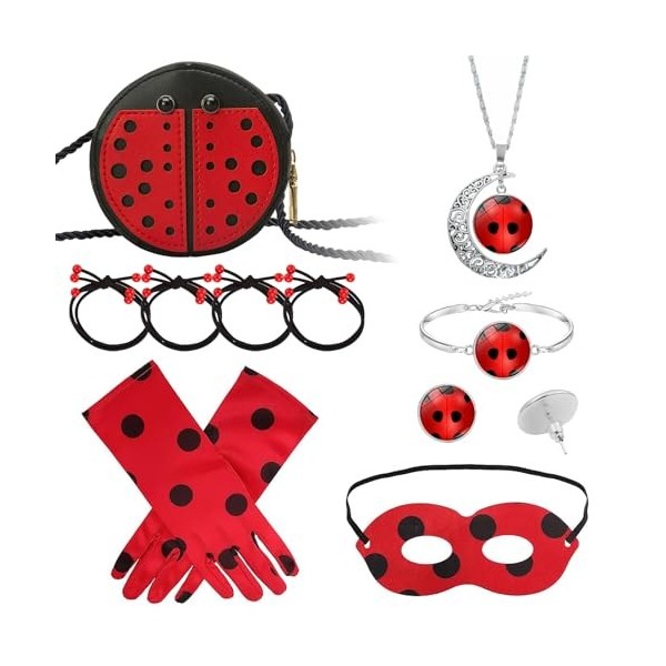 Deguisement Rouges Costume Accessoires pour Fille,Masque+Gants+Sac+Cheveux+Collier+Bracelet+Boucle Doreille,pour Halloween C