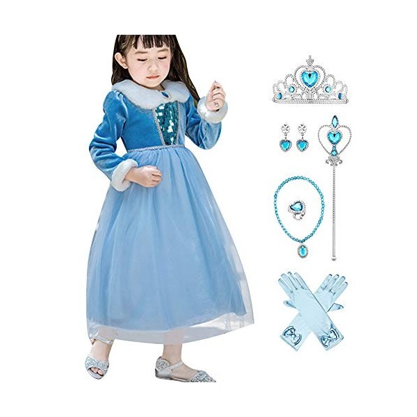 IWEMEK Déguisement Reine des Neige Robe Princesse Anna Elsa Costume avec Accessoires Enfant Fille Anniversaire Noël Halloween