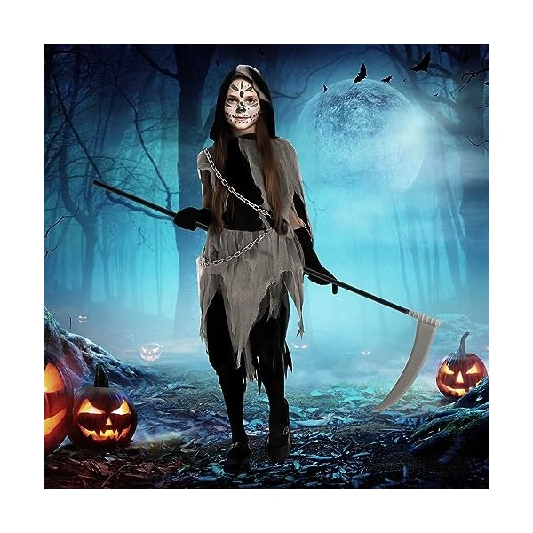 Costume Complet Faucheuse Pour Halloween - Cape à Capuche, Faux, Masque Squelette Et Gants - Taille Unique - 6