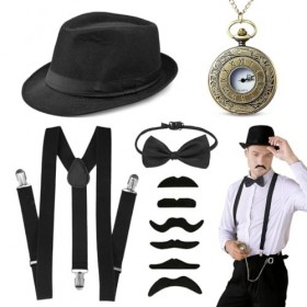 Aurasky Accessoires pour Homme Années 20, Costume Mafia avec Chapeau Nœud Papillon Montre de Poche, Accessoire Gangster Vinta