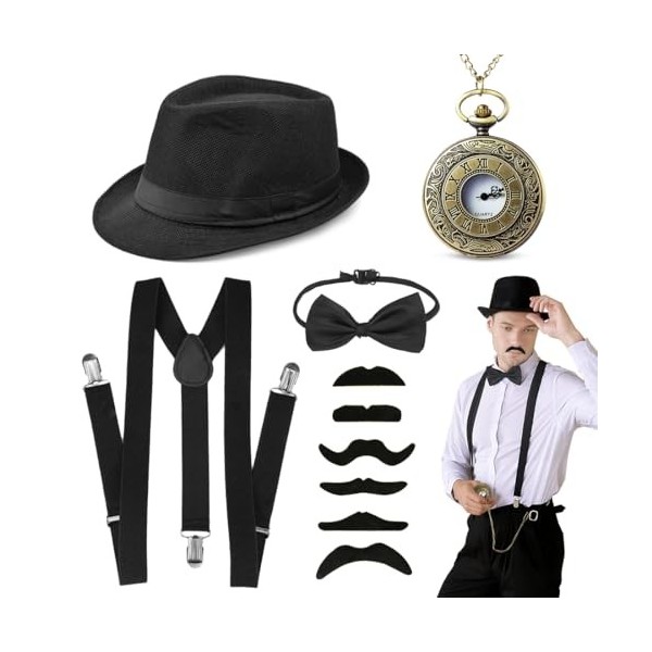 Aurasky Accessoires pour Homme Années 20, Costume Mafia avec Chapeau Nœud Papillon Montre de Poche, Accessoire Gangster Vinta