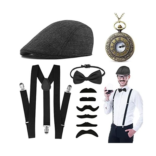 Aurasky Accessoires pour Homme Années 20, Costume Mafia avec Chapeau Nœud Papillon Montre de Poche, Accessoire Gangster Vinta