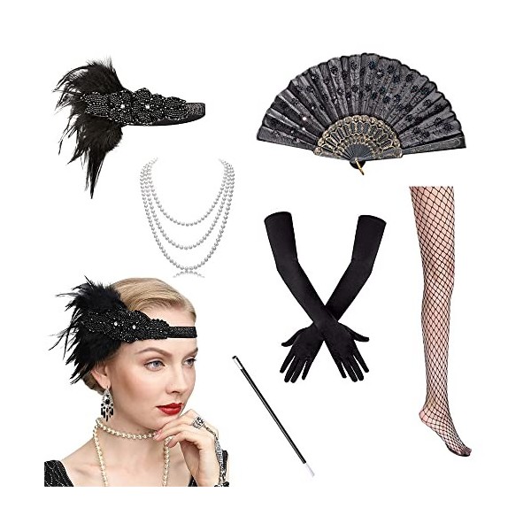 BIRLON 1920s Accessoires de Déguisement, 20s Flapper Headpiece Charleston Déguisements Accessoires Bandeau en Plumes Noir 2 