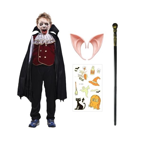 Amycute Vampire Deguisement Halloween Garçon Cape Tatouage Oreille Elfe Vampire Maquillage Costume Halloween Veste Gothique C