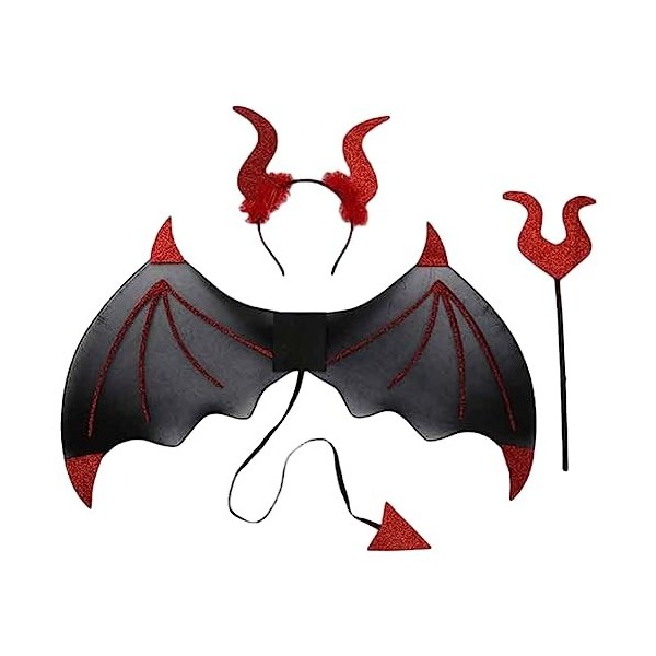 Tomicy Deguisement Diable Aile de Demon avec Cornes de Diable Rouge Costume 3 pièces pour Fête Halloween Carnaval Ornement Ac