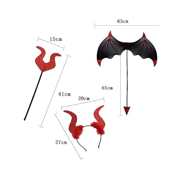 Accessoires de diable avec cornes, ailes et queue, rouge, taille