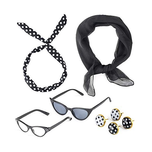 Beelittle Années 50 Costume Accessoires Set Années 1950 en Mousseline De Soie Écharpe Oeil De Chat Lunettes De Vue Bandana Ba