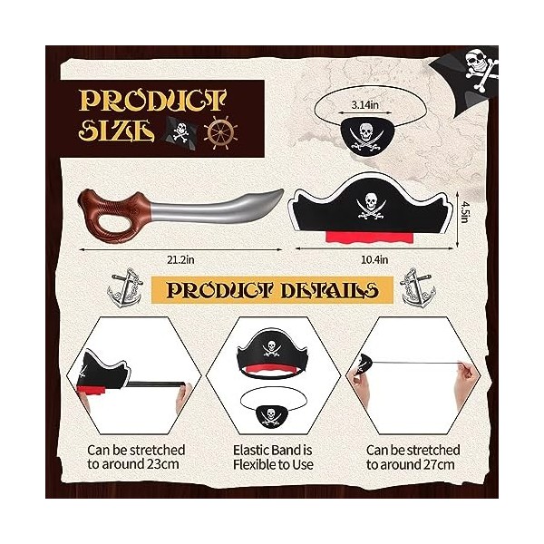 Giaonlgy 18 Pièces Ensemble Pirate Enfant,Déguisement de Pirate Accessoires,Party Costume de Pirate avec Chapeau, Epée Gonfla