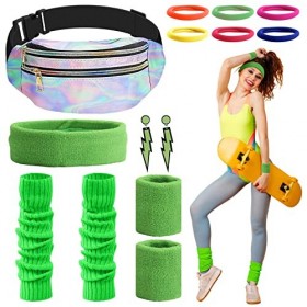 Deguisement Femme Année 80, Accessoire Déguisement Année 80 a Sac Banane/Bandeau/Bracelet/Jambières/Boucles doreilles/Élasti