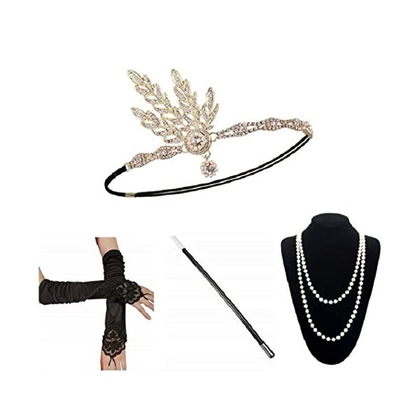 Ebeta Années 1920 Accessoires Set Flapper Bandeau Charleston Déguisement Accessoires 1920s Bandeau Flapper Perle Collier Bouc