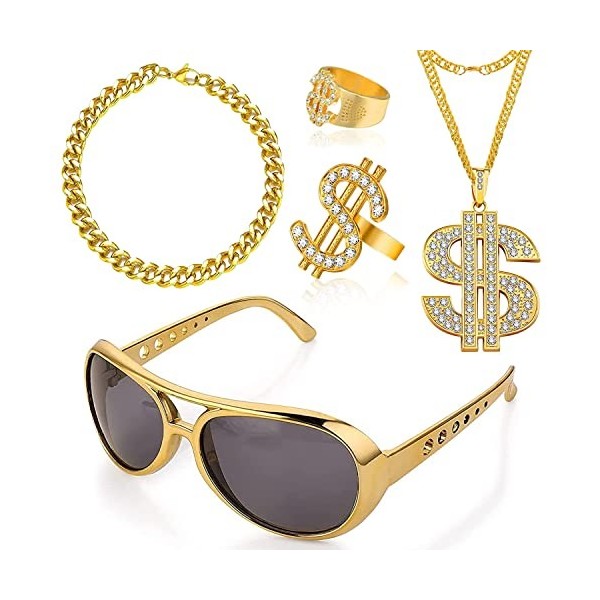 LGZIN Kit de Costume Hip Hop, 5 Pièces Accessoires de Rappeur des Années 80/90, Collier Dollar, Or Bague Dollar, Bracelet en 