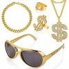 LGZIN Kit de Costume Hip Hop, 5 Pièces Accessoires de Rappeur des Années 80/90, Collier Dollar, Or Bague Dollar, Bracelet en 