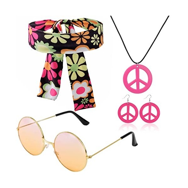 Ailesiy Costume hippie pour femme - Style années 60 et 70 - Bandeau rétro vintage - Lunettes - Symbole de la paix des années 