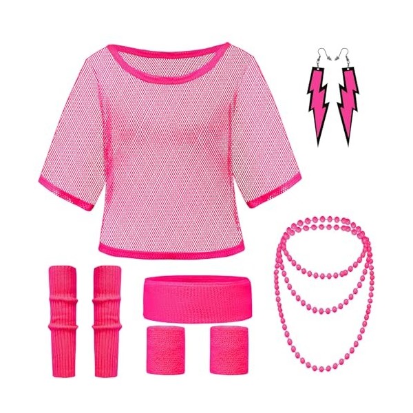 Clundoo 9PCS Costume Annee 80 Femme Fluo, Déguisement Année 80 Accessoire Femme Fluo Disco, avec T-Shirt en Maille, Un Bandea