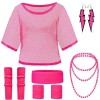 Clundoo 9PCS Costume Annee 80 Femme Fluo, Déguisement Année 80 Accessoire Femme Fluo Disco, avec T-Shirt en Maille, Un Bandea