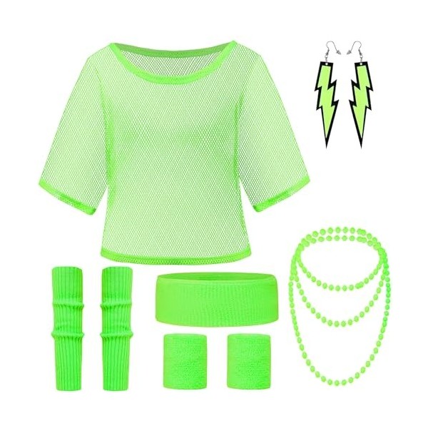 Clundoo 9PCS Costume Annee 80 Femme Fluo, Déguisement Année 80 Accessoire Femme Fluo Disco, avec T-Shirt en Maille, Un Bandea