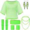 Clundoo 9PCS Costume Annee 80 Femme Fluo, Déguisement Année 80 Accessoire Femme Fluo Disco, avec T-Shirt en Maille, Un Bandea