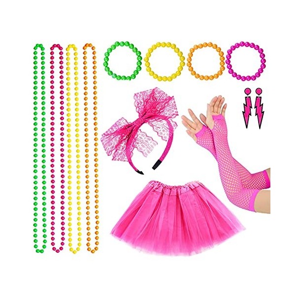 HG POWER Années 80 Accessoires De Costume Pour Ensemble Déguisement Rose Femme Tutu Bandeau Noeud Colliers Bracelets Gants Bo