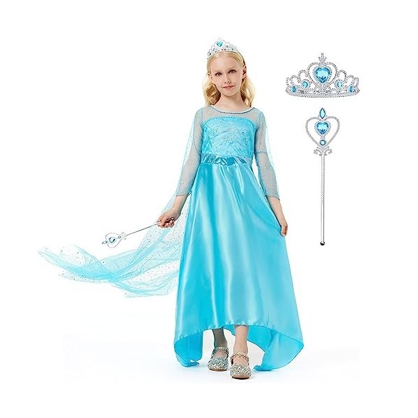 AOOWU Robe Princesse Fille, Robe Elsa Enfant de Princesse, Deguisement Robe Princesse, Déguisement de Cape pour Fête/Cosplay 