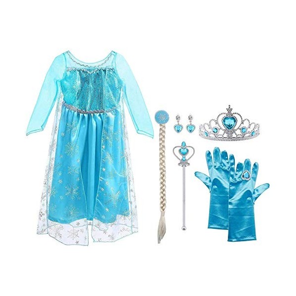 Vicloon Robe Elsa Enfant de Princesse,5pcs Robe Princesse Elsa Deguisement Elsa Reine des Neiges avec Accessoires de Baguette