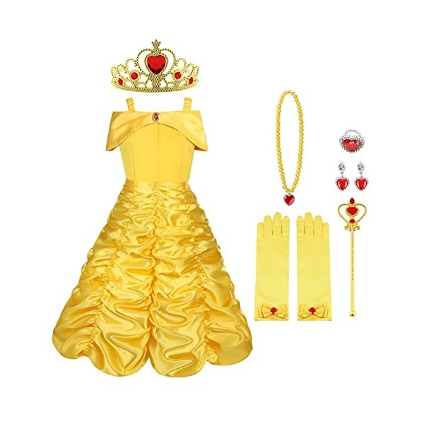 Vicloon Robe Elsa Enfant de Princesse,5pcs Robe Princesse Elsa Deguisement Elsa Reine des Neiges avec Accessoires de Baguette