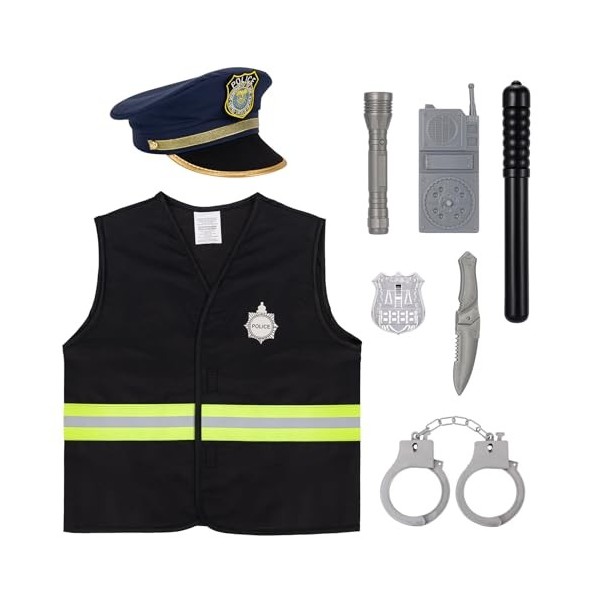 Police Deguisement Enfant 8 pièces Policier Costume Accessoires avec Chapeau de policier Gilet Menottes et accessoires, Jouet