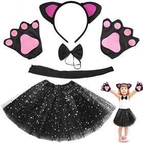 TOPJOWGA Déguisement Chat Fille, 6 Pièces Chat Cosplay Set, Tutu Jupe, Bandeau, Noeud Papillon, Queue de Chat, Patte de Chat 
