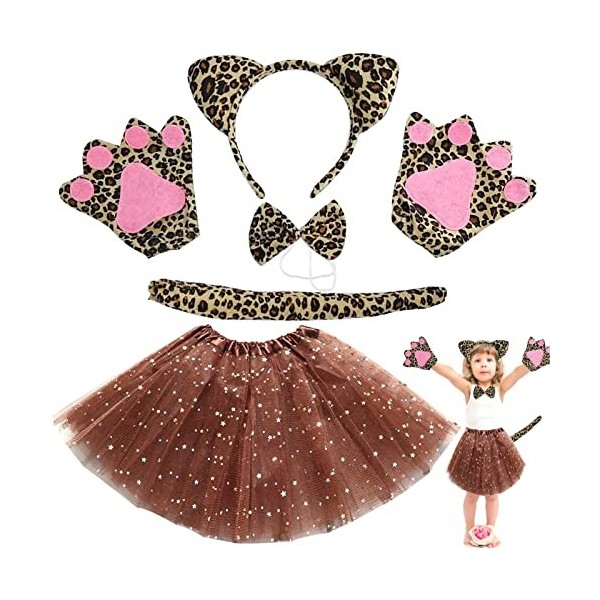 TOPJOWGA Déguisement Chat Fille, 6 Pièces Chat Cosplay Set, Tutu Jupe, Bandeau, Noeud Papillon, Queue de Chat, Patte de Chat 