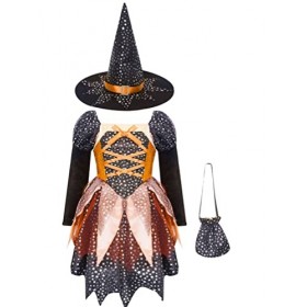 dPois Déguisement de Sorcière pour Fille Enfant Halloween Chapeau de Sorcière Robe à Étoiles Paillettes Magicien Accessoires 