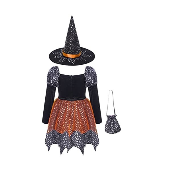 dPois Déguisement de Sorcière pour Fille Enfant Halloween Chapeau de Sorcière Robe à Étoiles Paillettes Magicien Accessoires 