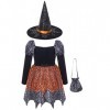 dPois Déguisement de Sorcière pour Fille Enfant Halloween Chapeau de Sorcière Robe à Étoiles Paillettes Magicien Accessoires 