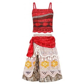 AmzBarley Fille Princesse Moana Déguisement Costume Vaiana Fête Cosplay Enfant Haut Jupe Anniversaire Noël Carnaval, Rouge 03