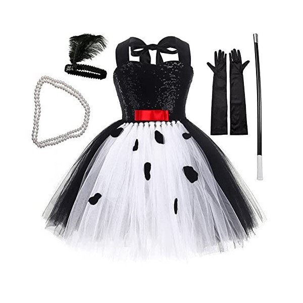 IWEMEK Déguisement Cruella Enfant Fille 101 Dalmatien Costume sans manches tricoté Tutu robe avec perruque gants accessoires 