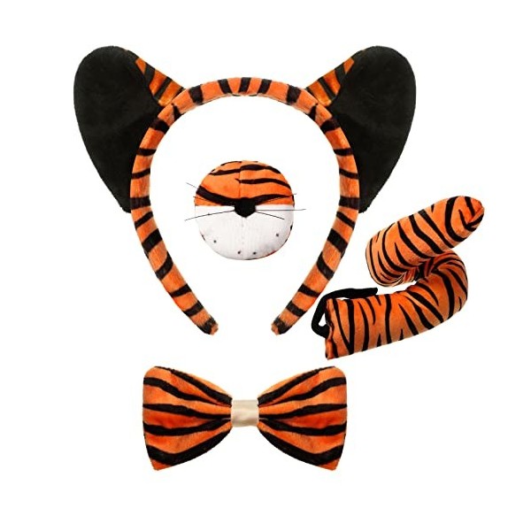 4 Pcs Kits Costume de Tigre pour Enfants, Bandeau d’Oreille de Tigre Nez Queue et Noeud Papillon de Tigre, Accessoires de Dég