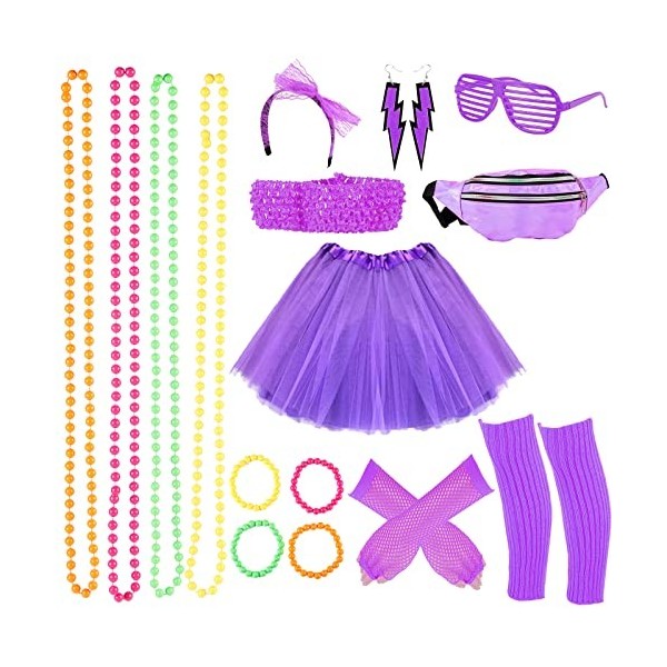 Victse Déguisement Annees 80 Accessoire, Femme Année 80 Costume Fille Déguisement Disco, Tutu Fluo, Sac Banane, Lunette, Band