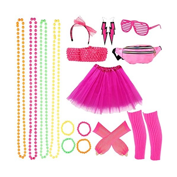 Victse Déguisement Annees 80 Accessoire, Femme Année 80 Costume Fille Déguisement Disco, Tutu Fluo, Sac Banane, Lunette, Band