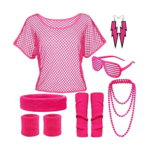 YADODO Deguisement Annee 80 Femme Accessoire Fluo avec Shirt Resille,Jambiere Fluo,Bandeau,Déguisement Année 80 Femme Accesso