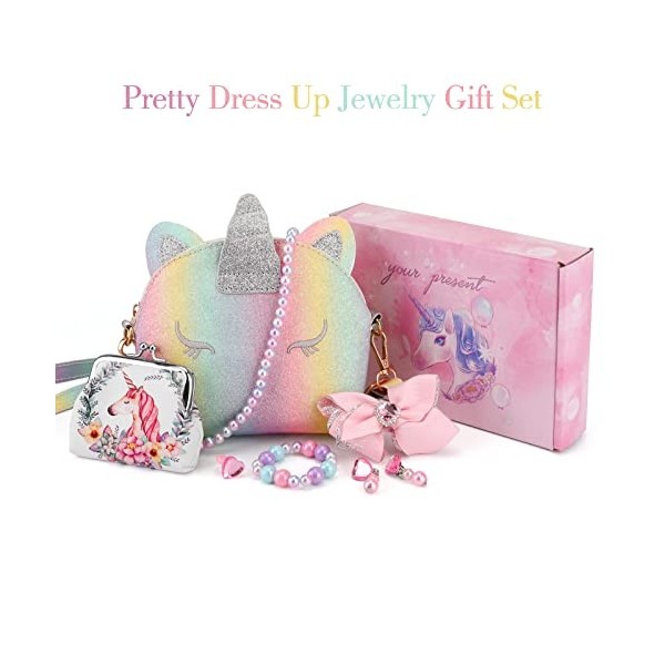 JYPS Sac à Main Licorne pour Petites Filles, 7PCS Sac à Bandoulière Mignon pour Enfants avec Dress up Jewelry Set Faire Sembl