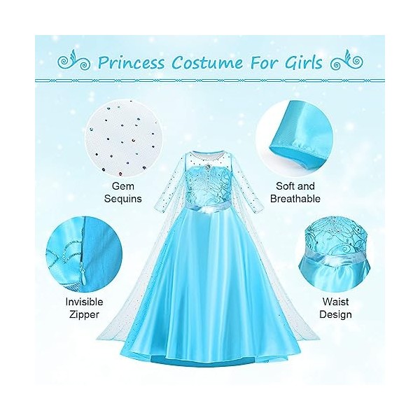 AOOWU Robe Princesse Fille, Robe Elsa Enfant de Princesse, Deguisement Robe Princesse avec Accessoires de Baguette Magique Pr