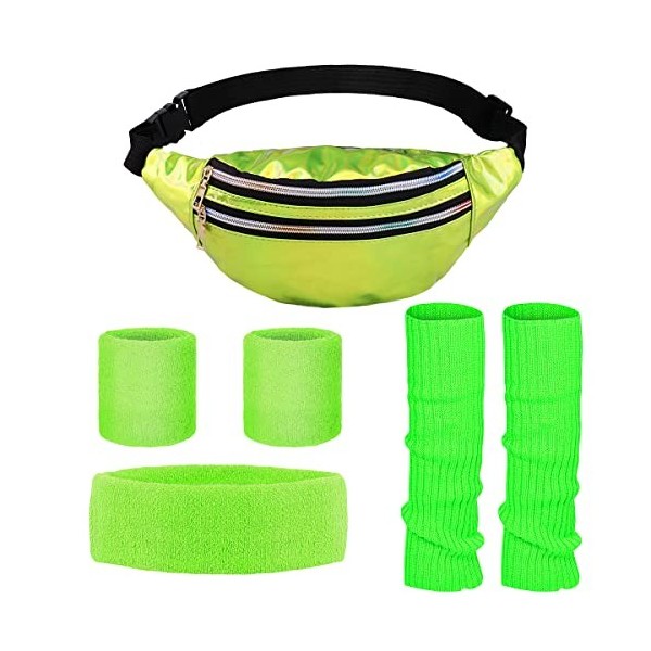 Déguisement Année 80 Accessoire Style Sportif, Sac Banane Vert, Jambières Verts, Brassards Verts, Bandeau Vert, Costume des A