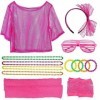 DAGORD Rose Déguisement Année 80 Accessoire Femme Fluo avec Bandeau Bracelet Néon Engrener T-Shirt Collier Boucles Annees 80 