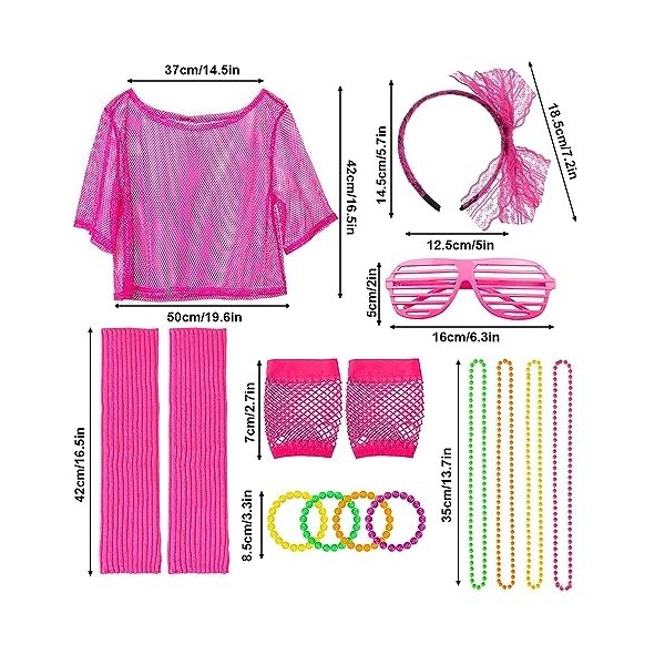 DAGORD Rose Déguisement Année 80 Accessoire Femme Fluo avec Bandeau Bracelet Néon Engrener T-Shirt Collier Boucles Annees 80 