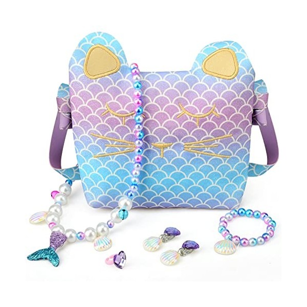 BIQIQI Sac à Main pour Enfants Filles Briller Sirène Sac à Main Bijoux Cadeaux Fête Déguisement Accessoires Cadeaux pour Enfa