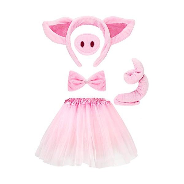 Ensemble de Costume de Cochon Oreilles Nez Queue de Porc Nud Papillon Jupe Tutu Accessoires de Kit de Déguisement Animal pour